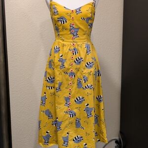 Collectif XS Raccoon Banana Print Dress Yellow Retro Fit & Flare